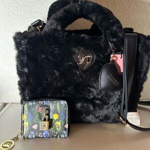Juicy Couture Black Faux Fur Tote with Heart Accent